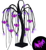 🎃 spooktacular turnmeon 18 inch 24 led black halloween tree: glittered with purple lights, timer battery powered, 6 bats included - scary spooky tabletop artificial tree for halloween home party indoor decorations holiday логотип