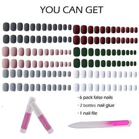 img 2 attached to 💅 6 Packs (144 Pcs) Matte Short Press On Nails - Acrylic Full Cover Set, Artificial False Nails in Solid Colors with Glue and Nail File for Women