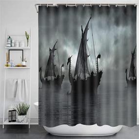 img 2 attached to 🛥️ Norse Décor Vikings Ship Shower Curtain Liner – Black & White Fantasy Boat Art with Sailing Dragon Design – 70x70 Inches – Waterproof – Gift for Him/Her