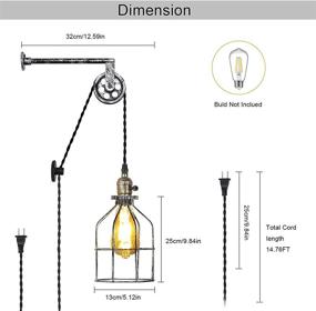 img 2 attached to 🏮 Rustic Industrial Wall Sconce with Cage Design - Adjustable Pendant Lamp Fixture with Lift Pipe Pulley and Plug-in Cord - Perfect for Indoor Living Room, Restaurant Décor (Bulb not included, Silver)