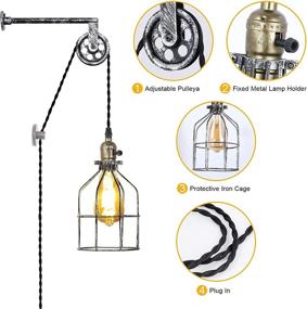 img 1 attached to 🏮 Rustic Industrial Wall Sconce with Cage Design - Adjustable Pendant Lamp Fixture with Lift Pipe Pulley and Plug-in Cord - Perfect for Indoor Living Room, Restaurant Décor (Bulb not included, Silver)