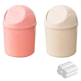 img 4 attached to 🗑️ Set of 2 Swing Lid Plastic Mini Wastebasket Trash Cans with 4 Rolls of Trash Bags - Desktop Waste Garbage Bins for Home, Office, Kitchen, Vanity Tabletop, Bedroom, Bathroom (Pink + Beige)