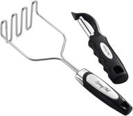 spring chef - essential potato masher tool with extended handle, effortless stainless steel wire head for easy cleaning, includes bonus vegetable peeler logo