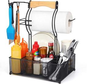 img 4 attached to 🔥 Ultimate Grill Utensil Caddy and Picnic Condiment Organizer with Hanging Hooks, Paper Towel Holder, and Mesh Basket for Camping and Outdoor BBQ - Convenient Table Storage Tools for Paper Plate, Cutlery