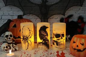 img 1 attached to 🕯️ Eldnacele Halloween LED Candles Set of 3 with Skull, Spider Web, Crow Raven Decals - Battery Operated Horror Spooky Decoration for Halloween Themed Flickering Candles