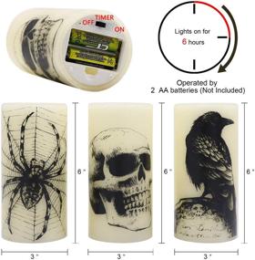 img 3 attached to 🕯️ Eldnacele Halloween LED Candles Set of 3 with Skull, Spider Web, Crow Raven Decals - Battery Operated Horror Spooky Decoration for Halloween Themed Flickering Candles