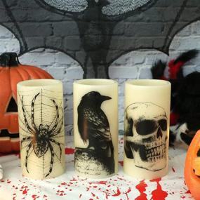 img 2 attached to 🕯️ Eldnacele Halloween LED Candles Set of 3 with Skull, Spider Web, Crow Raven Decals - Battery Operated Horror Spooky Decoration for Halloween Themed Flickering Candles