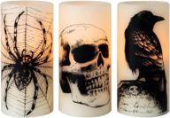 🕯️ eldnacele halloween led candles set of 3 with skull, spider web, crow raven decals - battery operated horror spooky decoration for halloween themed flickering candles логотип