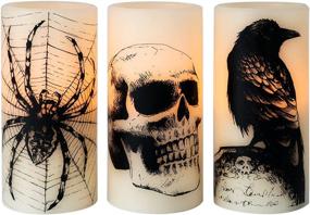 img 4 attached to 🕯️ Eldnacele Halloween LED Candles Set of 3 with Skull, Spider Web, Crow Raven Decals - Battery Operated Horror Spooky Decoration for Halloween Themed Flickering Candles