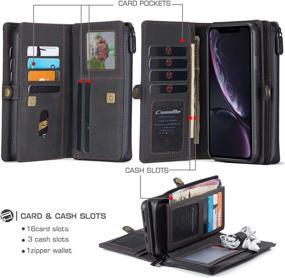 img 2 attached to 📱 CaseMe iPhone XR Wallet Case | Durable Handmade PU Leather | 2-in-1 Detachable Magnetic Flip Phone Case | iPhone XR Case Wallet with 15 Card Holder Slots & Zipper Pouch | 6.1 inch | Black-Grey