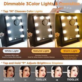 img 2 attached to 💄 DASLAVA Lighted Makeup Mirror Hollywood Vanity Mirror with 3 Color Lights, 9x3W Bulbs, Adjustable Brightness, 10X Magnification, Plug-in, Square Matte Black Mirrors for Vanity