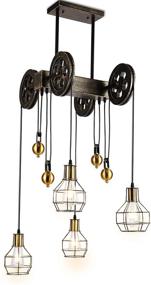 img 4 attached to 🔧 Adjustable Industrial Vintage Rustic Chandelier - Four-Light Pulley Pendant Light, Farmhouse Ceiling Lights Fixture for Dining Room, Living Room or Foyer