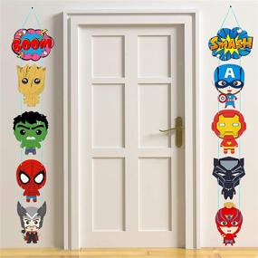 img 3 attached to 10pcs Ticiaga Superhero Porch Sign, Hanging Wall Decoration Superhero Party Banner, Door Cardboard Cutout Signs Outdoor Decoration, Hanging Cards Kit for Superhero Theme Party Decor