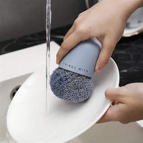 img 1 attached to Blue Kitchen Scrub Dish Brush - Palm-held Non-Scratch Dish Scrubber with Scouring Pads, Polyester Scourer for Stovetop - Scratch Free
