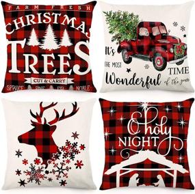 img 4 attached to 🎄 CDWERD Christmas Pillow Covers 18x18 - Black and Red Buffalo Plaid Outdoor Christmas Throw Pillowcase Set of 4 - Farmhouse Cushion Case for Home Decorations