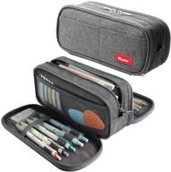 🖍️ gray large capacity pencil case with 3 compartments - big storage pouch for stationery, marker pens, and desk organization - simple pencil holder and stationery bag logo