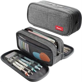img 4 attached to 🖍️ Gray Large Capacity Pencil Case with 3 Compartments - Big Storage Pouch for Stationery, Marker Pens, and Desk Organization - Simple Pencil Holder and Stationery Bag
