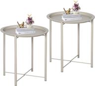 🌼 vecelo side/end table set - folding round metal tray, anti-rust & waterproof for indoor/outdoor use, beige (2 pcs) логотип