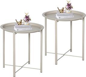 img 3 attached to 🌼 VECELO Side/End Table Set - Folding Round Metal Tray, Anti-Rust & Waterproof for Indoor/Outdoor Use, Beige (2 PCS)