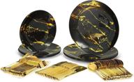 🍽️ the marble collection plastic plates & silverware set, 125pcs - includes 25 each 10.25" plates, 8" plates, forks, spoons & knives - elegant heavy duty marble design disposable dinnerware (black/gold) logo