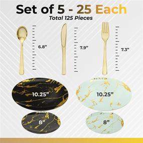 img 3 attached to 🍽️ The Marble Collection Plastic Plates & Silverware Set, 125PCS - Includes 25 Each 10.25" Plates, 8" Plates, Forks, Spoons & Knives - Elegant Heavy Duty Marble Design Disposable Dinnerware (Black/Gold)