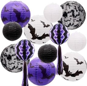 img 4 attached to 🎃 Enhance your Halloween Décor with UNIQOOO 12pcs Spooky Paper Lanterns Set - Black, White, Purple, Bats, and Honeycomb Pom Pom Tassels - Perfect for Indoor/Outdoor Holiday Home Garden Party!