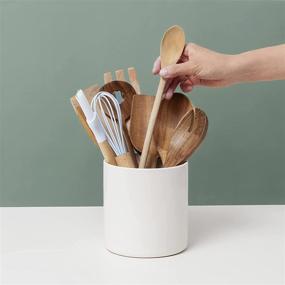 img 1 attached to DOWAN White Utensil Holder: Stylish Ceramic Kitchen Crock with Cork Mat for Countertop Protection and Easy Cleaning