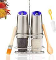 🧂 enhanced gravity electric salt and pepper grinder set with stand - battery powered automatic mill, spoon, brush - one hand operation - adjustable coarseness - blue led light - silver finish logo