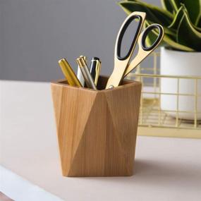 img 2 attached to 🎍 Bamboo Wood Pen Holder Stand for Desk - Geometric Pencil Cup Pot | Cute Desktop Office Supplies for Kids | Makeup Brushes Organizer (Bamboo)