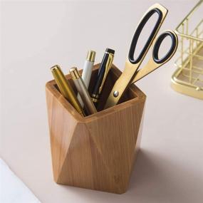 img 1 attached to 🎍 Bamboo Wood Pen Holder Stand for Desk - Geometric Pencil Cup Pot | Cute Desktop Office Supplies for Kids | Makeup Brushes Organizer (Bamboo)