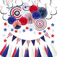 celebrate independence day with enjoyfun 4th of july decorations - patriotic red, white, and blue 🎉 party set of 41pcs including usa flag pennants, paper fans, pom poms, tassels, star streamers, and hanging swirls logo
