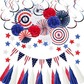 img 4 attached to Celebrate Independence Day with Enjoyfun 4th of July Decorations - Patriotic Red, White, and Blue 🎉 Party Set of 41Pcs Including USA Flag Pennants, Paper Fans, Pom Poms, Tassels, Star Streamers, and Hanging Swirls
