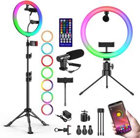 img 4 attached to 🌟Усовершенствованный светодиодный Selfie Ring Light диаметром 12 дюймов с RGB-подсветкой, видео-микрофоном, двойной штатив и двумя держателями для телефона для TikTok, прямых эфиров, макияжа - диммируемая светодиодная настольная круглая лампа с 28 режимами RGB, двухсторонним беспроводным пультом управления.