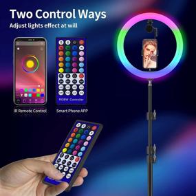 img 3 attached to 🌟Усовершенствованный светодиодный Selfie Ring Light диаметром 12 дюймов с RGB-подсветкой, видео-микрофоном, двойной штатив и двумя держателями для телефона для TikTok, прямых эфиров, макияжа - диммируемая светодиодная настольная круглая лампа с 28 режимами RGB, двухсторонним беспроводным пультом управления.