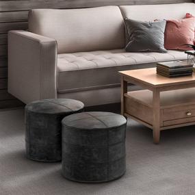 img 4 attached to SIMPLIHOME Connor Transitional Round Pouf: Distressed Black Leather Footstool for Living & Family Rooms