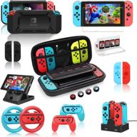 🎮 nintendo switch accessories bundle: carrying case, screen protector, charging dock, playstand, protective case, game case, joystick cap, grip & steering wheel (18-in-1) logo