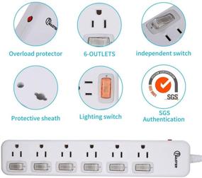 img 2 attached to 💡 Efficient White Power Strip with Individual Switches, 6 Outlet, 6 Feet Extension Cord, Surge Protector 300J, ETL Certified | 1875W / 15A / 125V