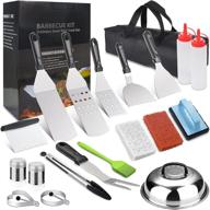 jusoney 21 piece griddle accessories set, flat top grill spatula kit with pot cover, scraper, tong, egg rings, chopper, fork, carry bag and griddle cleaning kit - perfect for blackstone and camp chef! logo