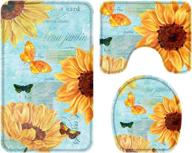 non-slip bathroom rug set with yellow sunflowers & butterfly design - decorative toilet seat cover, pedestal rug, and bath mat (3 piece) in yellow and teal логотип