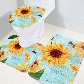 img 3 attached to Non-Slip Bathroom Rug Set with Yellow Sunflowers & Butterfly Design - Decorative Toilet Seat Cover, Pedestal Rug, and Bath Mat (3 Piece) in Yellow and Teal