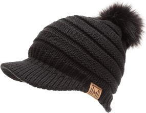 img 3 attached to 👒 Stylish MIRMARU Women's Ribbed Knit Visor Brim Pom Pom Beanie Hat with Cozy Plush Lining - Soft & Warm