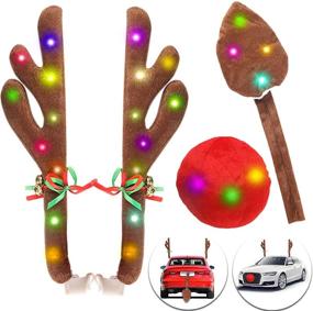 img 4 attached to 🦌 Reindeer Antlers for Cars, Christmas Car Antler Kit with LED Lights, Reindeer Car Decor Kit: Antlers, Nose, Tail, Top & Grille, Rudolph Reindeer Jingle Bell Christmas Car Decorations
