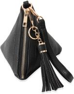 chic triangle vegan leather wristlet clutch with detachable strap and tassel charm for evening cocktails logo