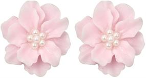 img 1 attached to 🌸 Silver-tone Needle Stud Earrings Featuring Women's Big Pink Camellia Flower with White Pearl Beads Blossom for Girls