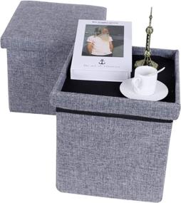 img 3 attached to 📦 Huishun Grey Linen Folding Storage Ottoman Cube Footrest Seat Small Coffee Table, 12”X12”X12” (2-Piece Set)