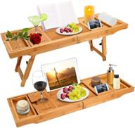 enhanced bamboo bathtub caddy tray with extending sides - ultimate bath table with tablet, wine & book holders, cell phone tray & wine glass holder logo