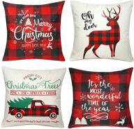 покрывала подушек для рождественского дома с оленями 18×18 дюймов - чёрно-красные клетчатые покрывала из льна, набор из 4 штук для дивана, праздничного декора - покрывала подушек для бросания для рождественского декора. логотип
