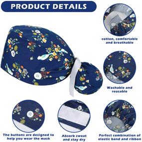 img 1 attached to 🎀 6 Scrub Caps with Buttons and Sweatband - Adjustable Ponytail Holder, Ribbon Tie Bouffant Turban Hats for Women - Colorful Prints, Long Hair Covers