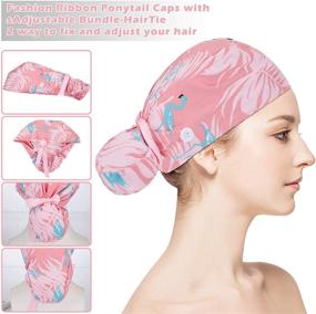 img 3 attached to 🎀 6 Scrub Caps with Buttons and Sweatband - Adjustable Ponytail Holder, Ribbon Tie Bouffant Turban Hats for Women - Colorful Prints, Long Hair Covers