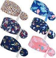 🎀 6 scrub caps with buttons and sweatband - adjustable ponytail holder, ribbon tie bouffant turban hats for women - colorful prints, long hair covers logo